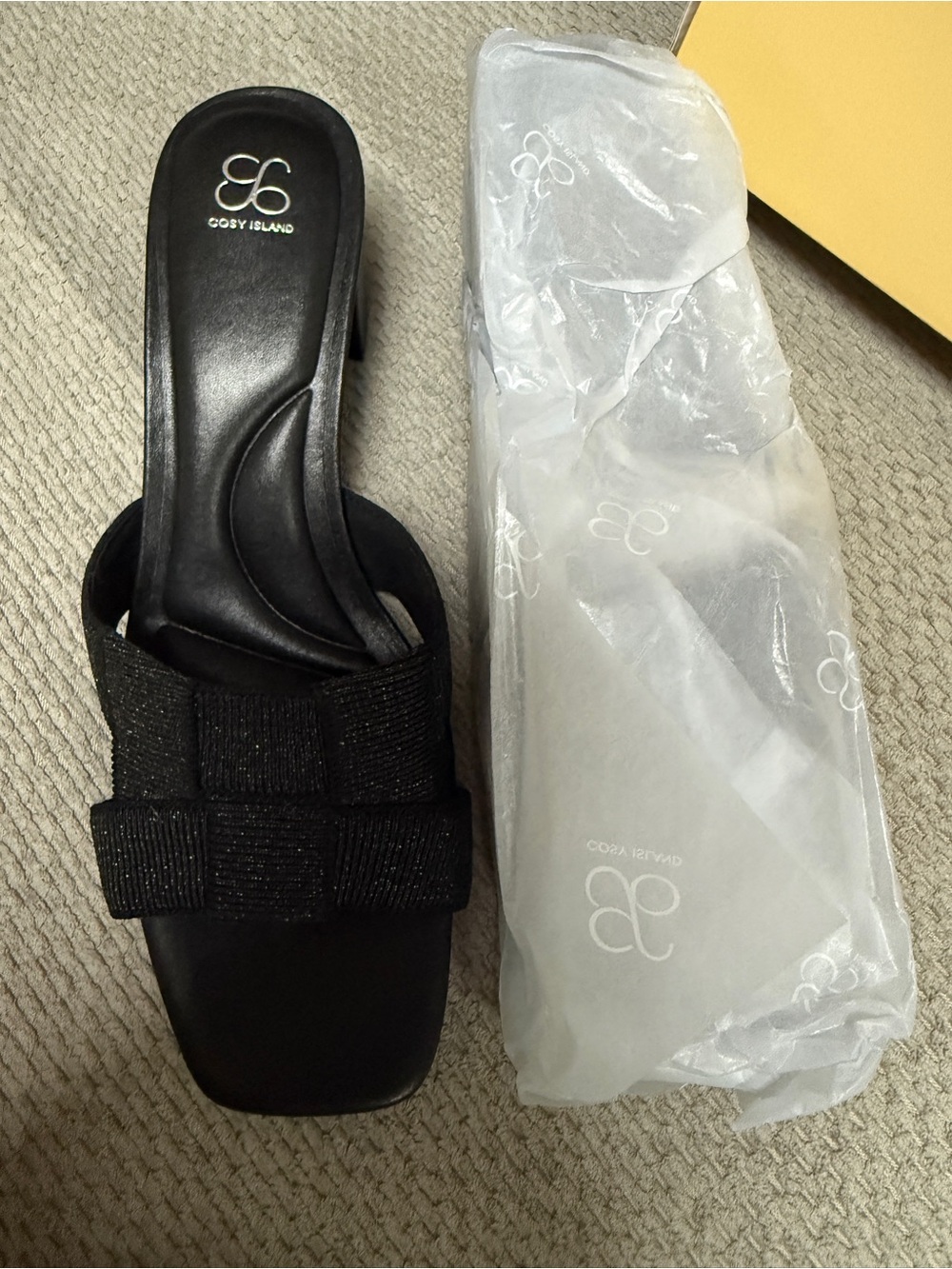 Cosy Island Black Woven Block Heel Slide Sandals Size 9 NWT